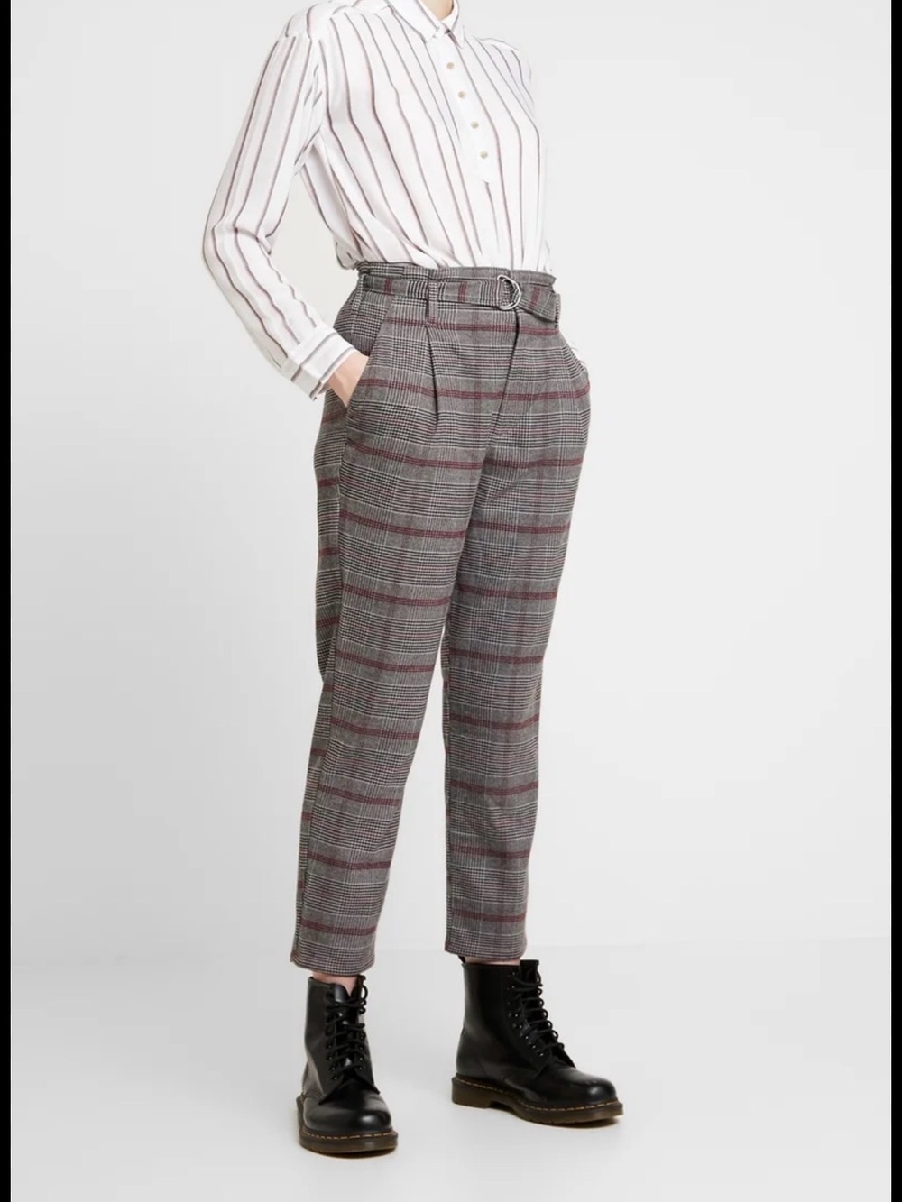 High-Waist Plaid Paperbag Trousers in Gray with belt and pockets
